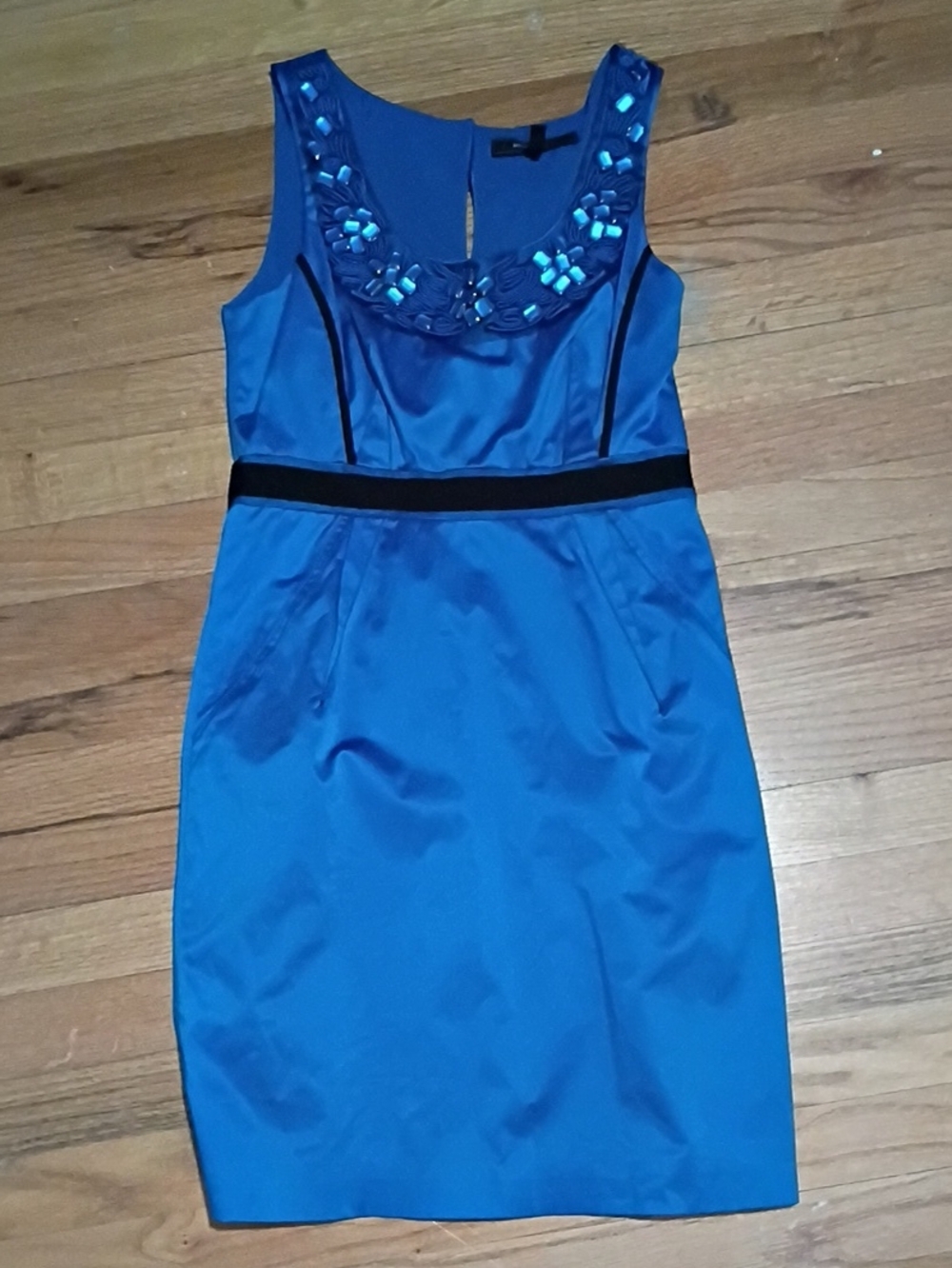 BCBC MaxAzria Embellished Royal Blue Sleeveless Sheath Dress with Contrast Waist